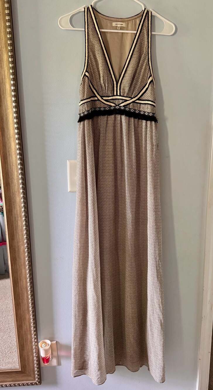Boho Neutral Maxi Dress Deep V Empire Waist Flowy Festival Cottagecore